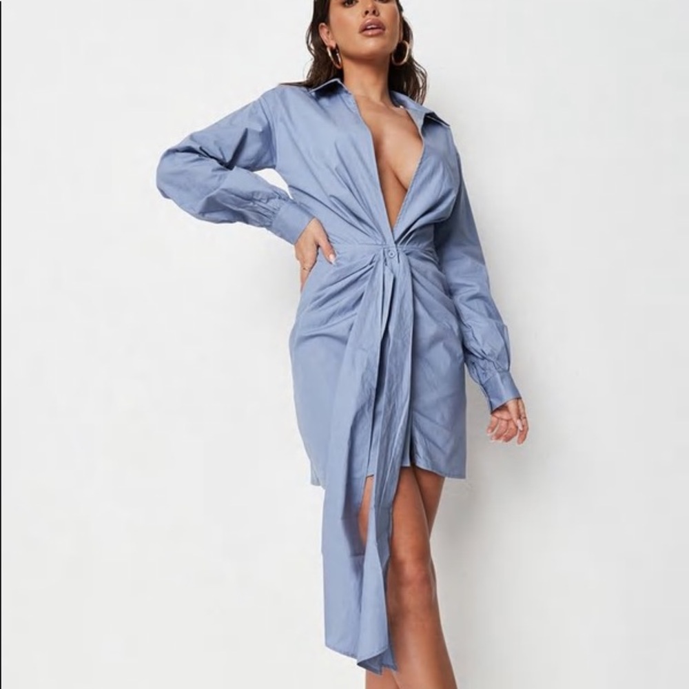 Missguided Tall Blue Plunge Tie Waist Button Up Collar Shirt Long Sleeve Dress